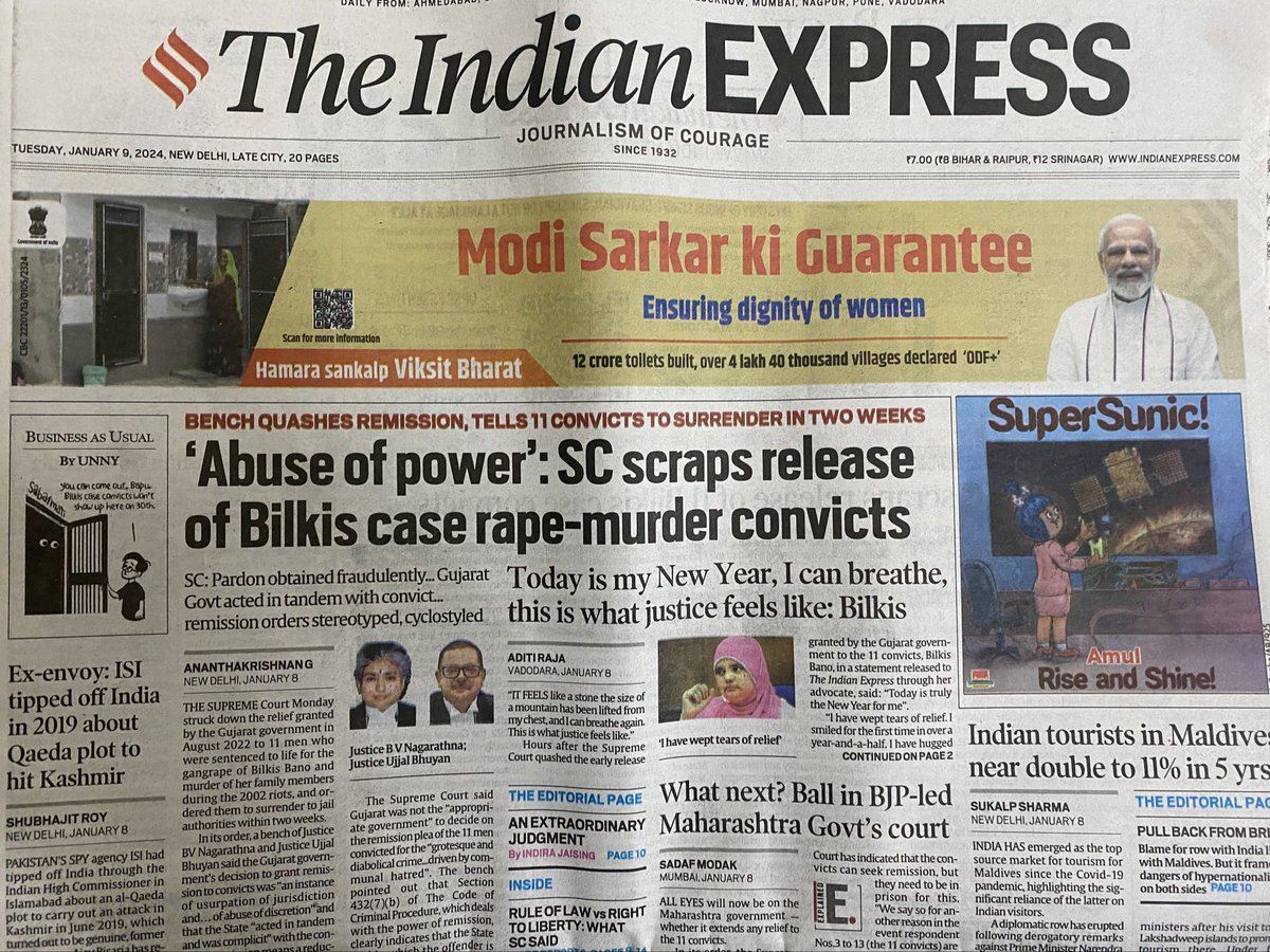 The SC verdict on #BilkisBano is out. The press is covering it as per their brief. The govt advt on their concern for women dignity in todays #theIndianexpress can be the best use of an ad to sledge govt even when  press is regulated by govt. #BJP #News #India #press #indianmedia