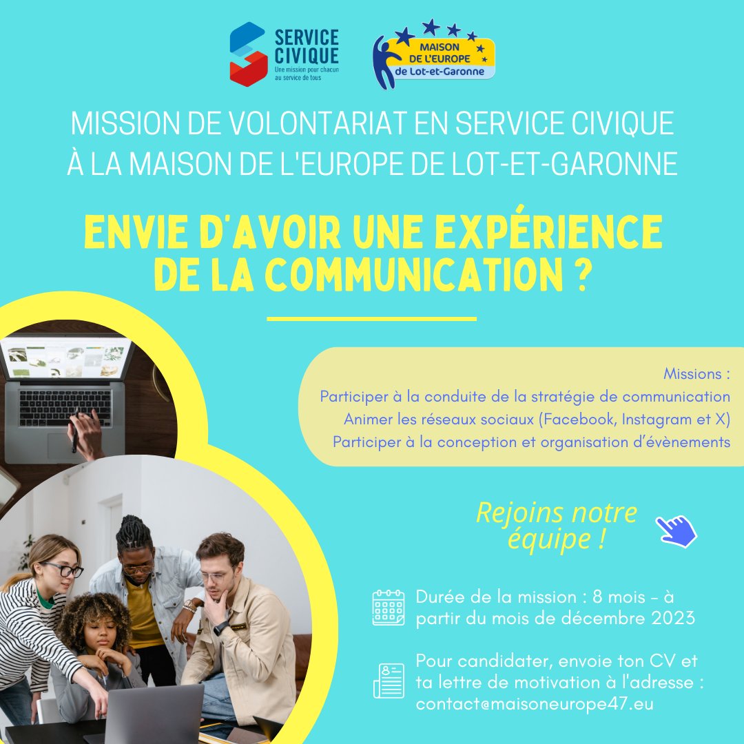 EuropeLotetGaro's tweet photo. 🚨 Envie de faire un service civique à la Maison de l'Europe ? Nous recrutons un volontaire en service civique dans le domaine de la #communication ! ✅ #Candidatez en envoyant CV et lettre de motivation à contact@maisoneurope47.eu !#job #recrutement #emploi @ServiceCivique https://t.co/lvikORtIXg