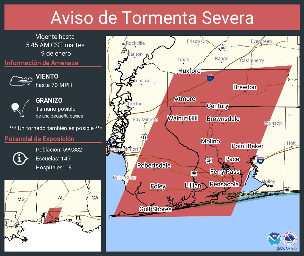 Aviso de Tormenta Severa incluye Pensacola FL, Ferry Pass FL, Bellview FL hasta las 5:45 AM CST. ¡Esta tormenta contiene ráfagas de vientos de 70 MPH!