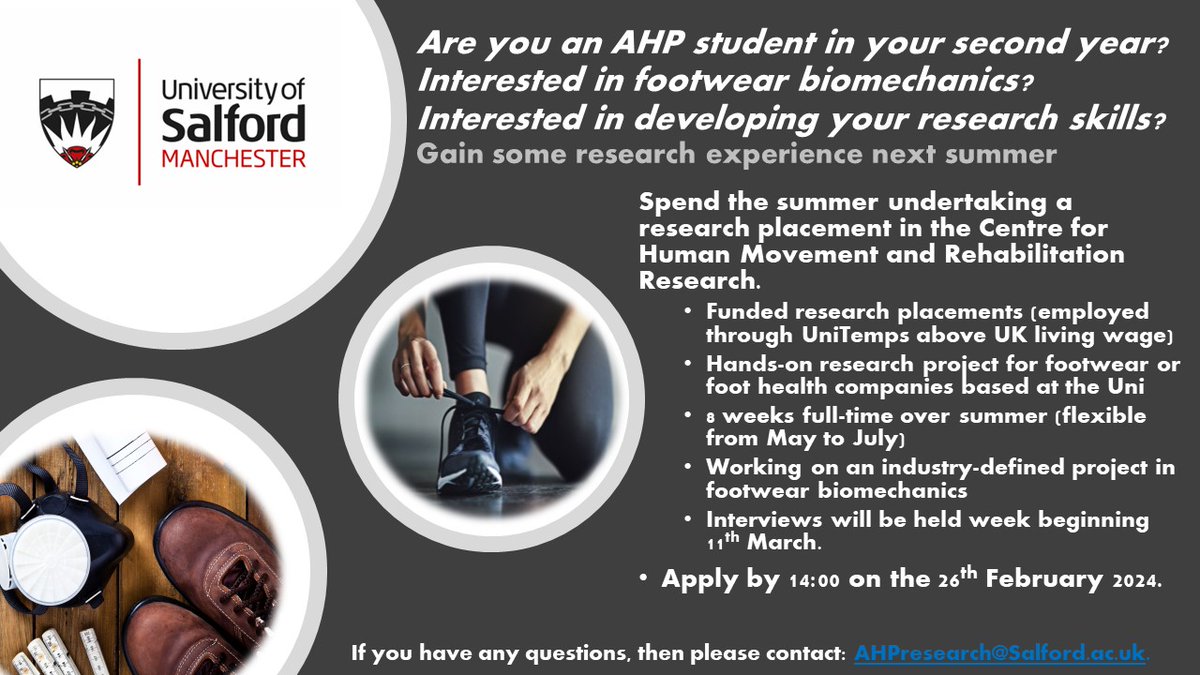 Dr Carina Price (@carinap_10) on Twitter photo Second year #AHP student <a href="/SalfordUni/">University of Salford</a>? Interested in #research and #industry #collaboration? Free this summer? Join us for a paid research placement! Email ahpresearch@salford.ac.uk for a link to the application form! Second year #AHP student <a href="/SalfordUni/">University of Salford</a>? Interested in #research and #industry #collaboration? Free this summer? Join us for a paid research placement! Email ahpresearch@salford.ac.uk for a link to the application form!