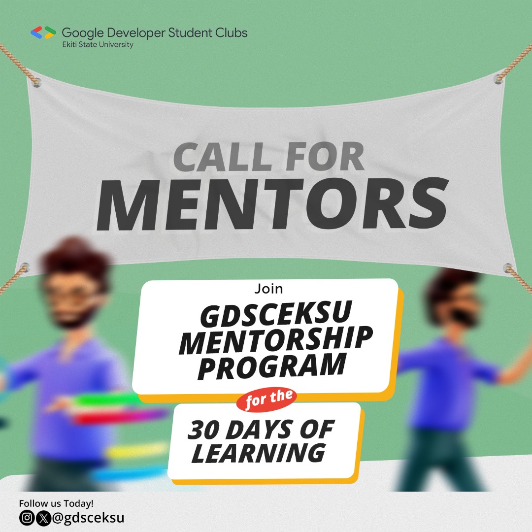 gdg_Eksu's tweet photo. We're on the lookout for experienced mentors to guide and inspire our community. Are you passionate about sharing knowledge and empowering others?
Join us for the #mentorshipprogram and shape the future.
#gdsceksu #30DaysOfLearning #GoogleDevelopersStudent #learnwithgdsceksu https://t.co/RrtCTX5lv9