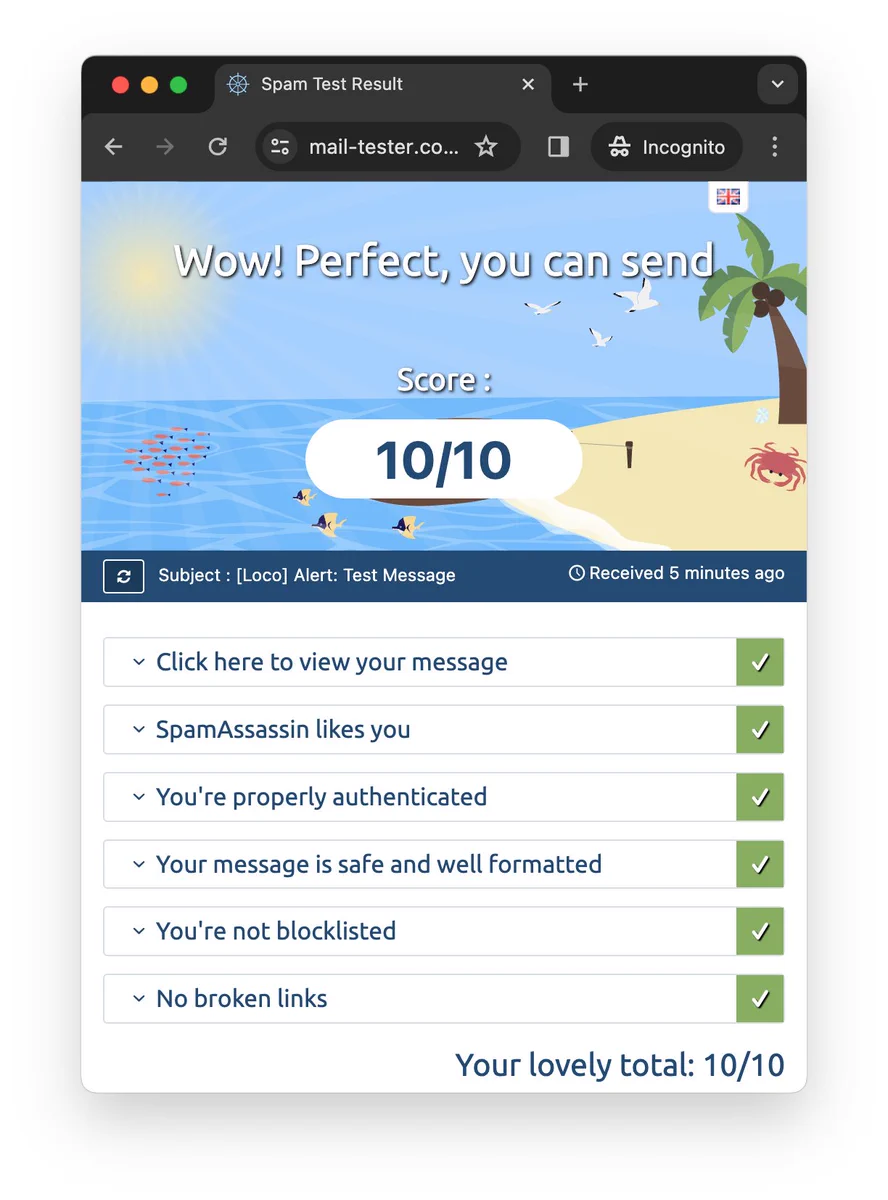 Screenshot from mail-tester.com showing 10/10 score