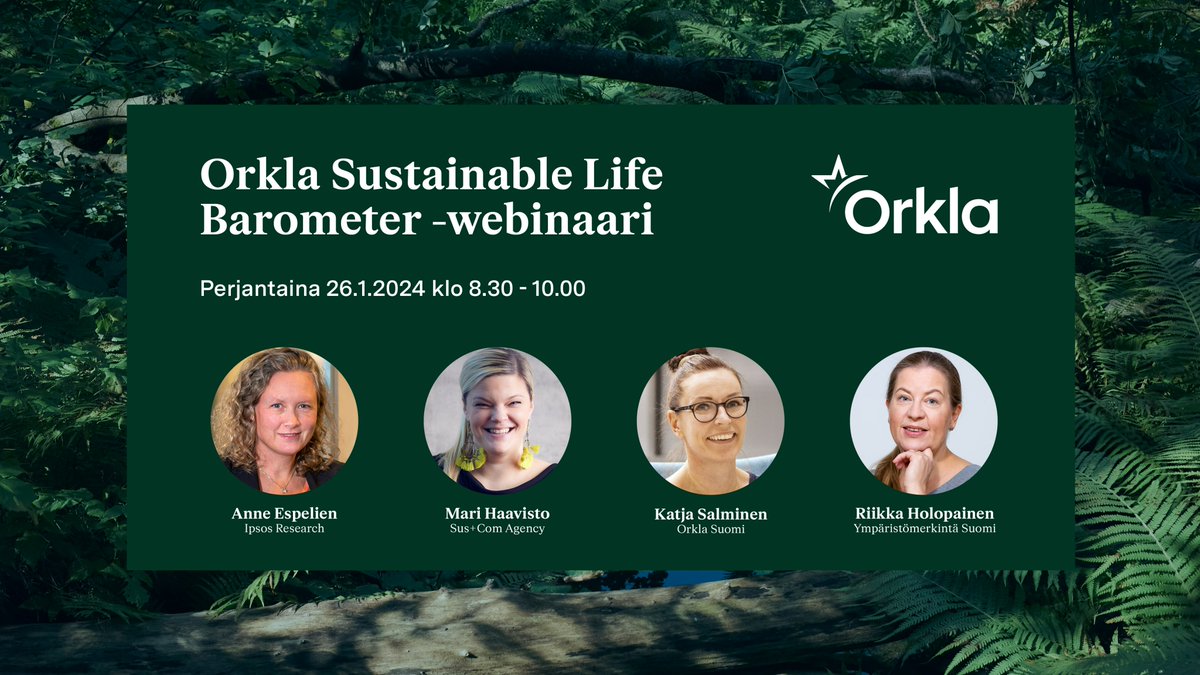 orklafinland's tweet photo. Kiinnostaako kuluttajia enää vastuullisuus? Jäävätkö yritysten ja kuluttajien ilmastoteot muiden kriisien jalkoihin? Jos vastuullisuus kiinnostaa, näkyykö se arjen valinnoissa ja ostopäätöksissä? 🌍🛒
Tule kuulolle, kun Orkla Sustainable Life Barometer -kuluttajatutkimuksen tulokset julkaistaan, ilmoittaudu webinaariin alta!
➡️ https://t.co/DIuBKYUEAy
Tilaisuudessa puhumassa huiput:
@RiikkaHolopaine - @Joutsenmerkki
@Mari_Haavisto - @SusComAgency
@KatjaSalminen4 - Orkla Suomi
@MikaKaarto - Orkla Care Finland
@FlinkmanPasi - Orkla Suomi
@ninaolin1 - Orkla Suomi
#OSLB #OrklaSustainableLife #vastuullisuus