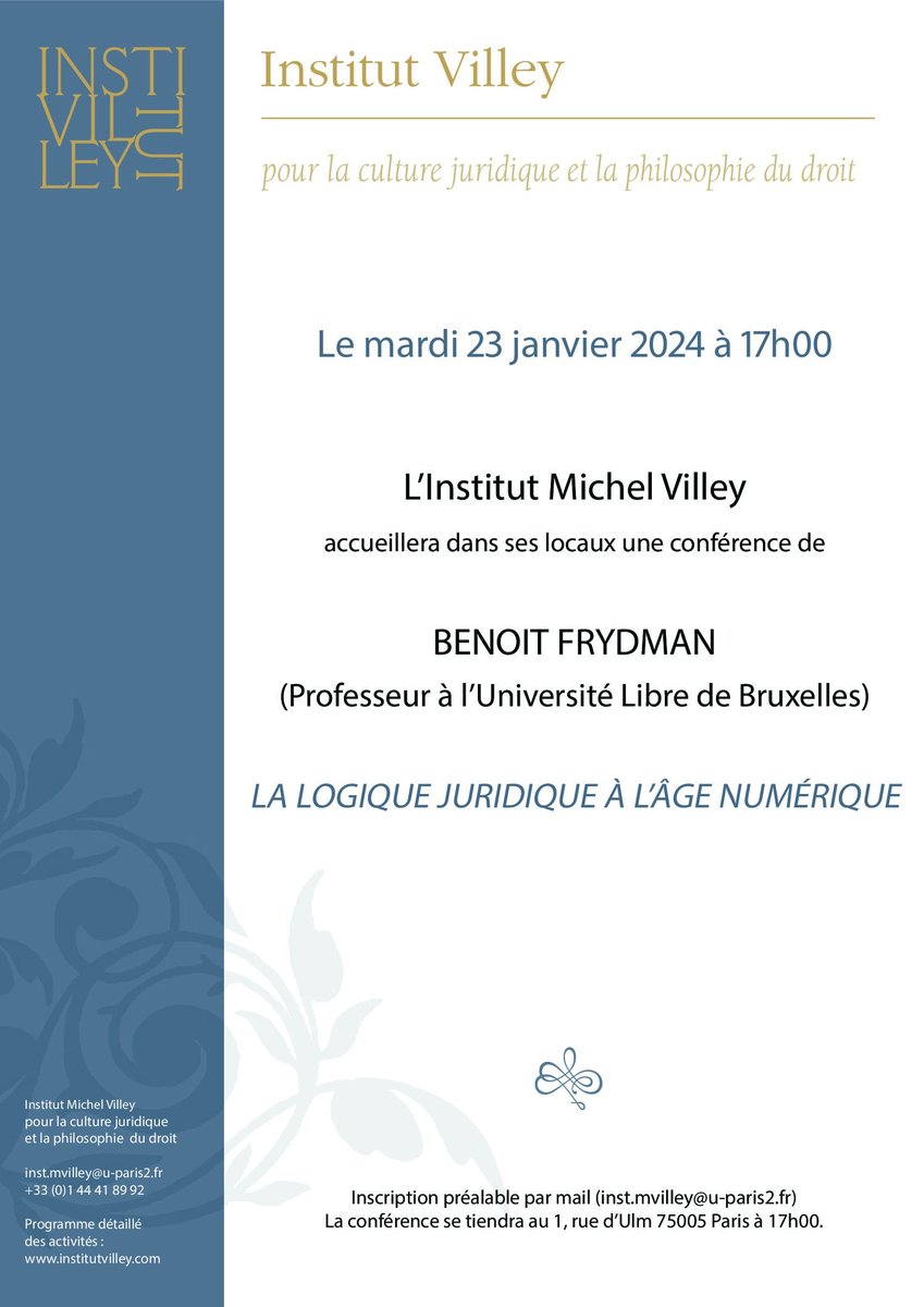Evènement - Institut MV

L'institut est honoré de recevoir, le 23 janvier prochain à 17 heures, le professeur B. Frydman pour une conférence autour de "La logique juridique à l'âge numérique". 

Inscription obligatoire at inst.mvilley@u-paris2.fr