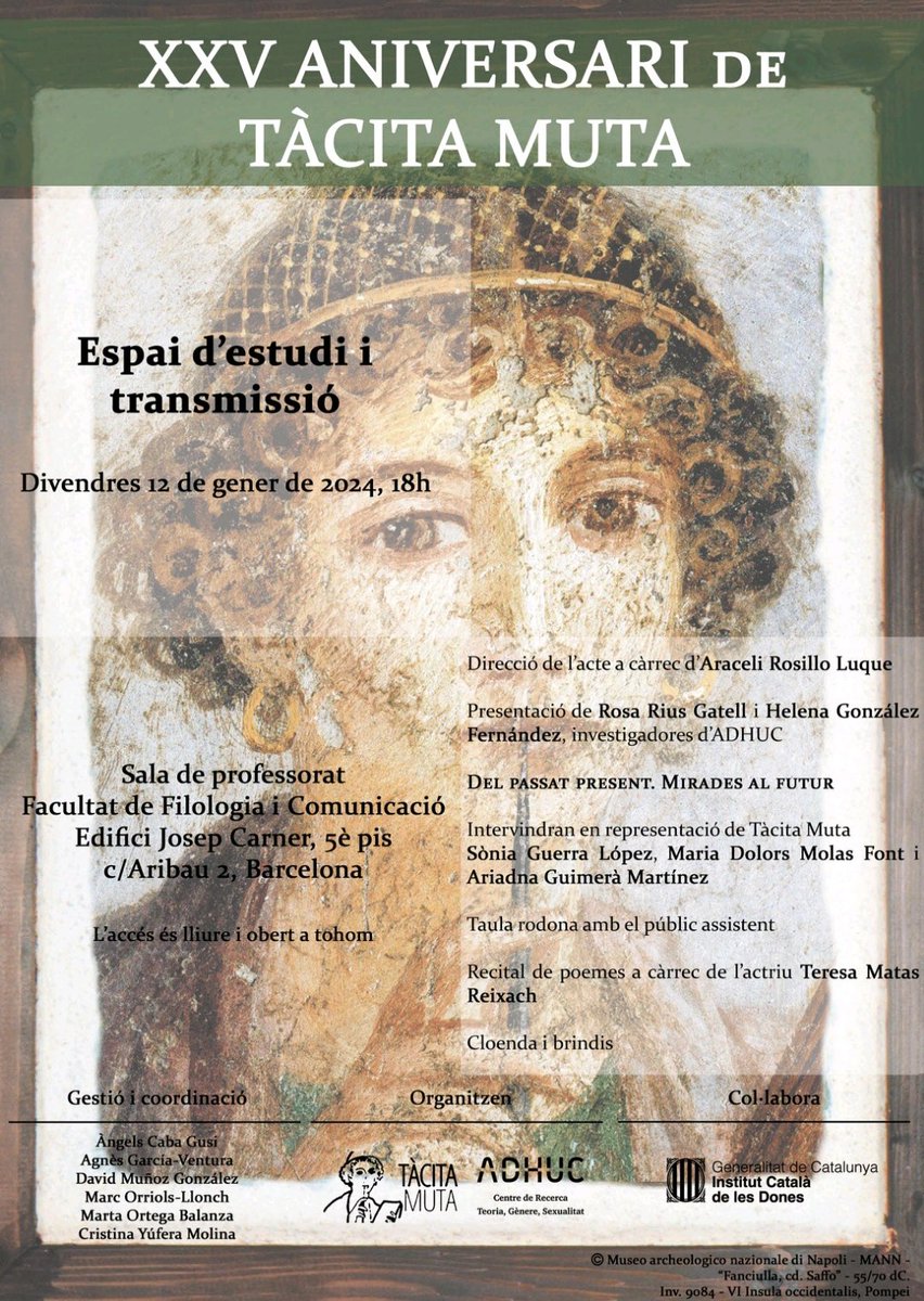 Tacitamuta_tm's tweet photo. Celebrem 25 anys‼️‼️‼️

Aquest divendres 12 de gener a les 18h  celebrem a la @FilComUB un quart de segle de Tàcita Muta com un espai d'estudi i transmissió de gènere a l'Antiguitat.

Us hi esperem a totes! https://t.co/aUXmbvoyY4