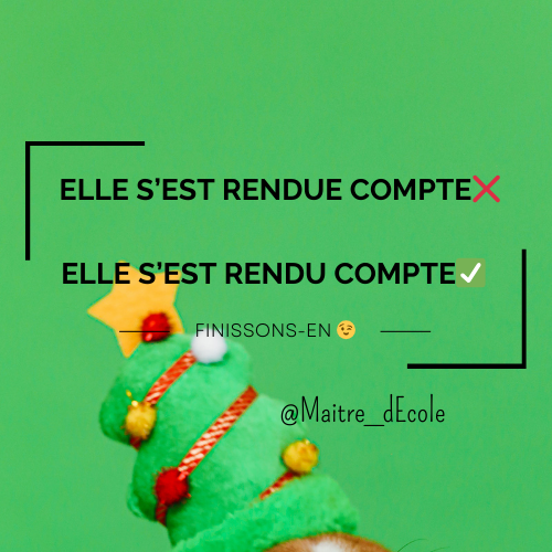 Maitre_dEcole's tweet photo. Elle s'est rendue compte❌
Elle s'est rendu compte✅

Le participe passé de l'expression "se rendre compte" reste invariable. Ici le COD "compte" se place après le verbe "se rendre".
Ex.:
-La présidente s'est rendu compte de la manoeuvre. 
-La dame s'est rendu au travail. https://t.co/LewiOOsUsp