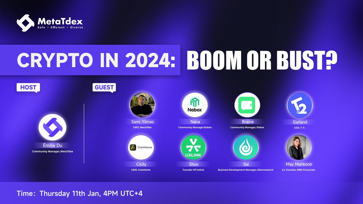 🚀 2024 Space Alert 🚀

🌟Get ready for our first space event of the year!

📈Join us as we delve into the future of crypto in 2024: Is it a Boom or Bust?

🎙️Guests:
<a href="/naboxwallet/">Nabox</a>  <a href="/DeBox_Social/">DeBox</a>  <a href="/T2T2_official/">T2T2.com</a>  <a href="/CoinHomePro/">CoinHome</a>  <a href="/MBDFinancials/">MBD Financials</a>  <a href="/UXLINKofficial/">UXLINK</a>  @azen_network 

⏰4 PM