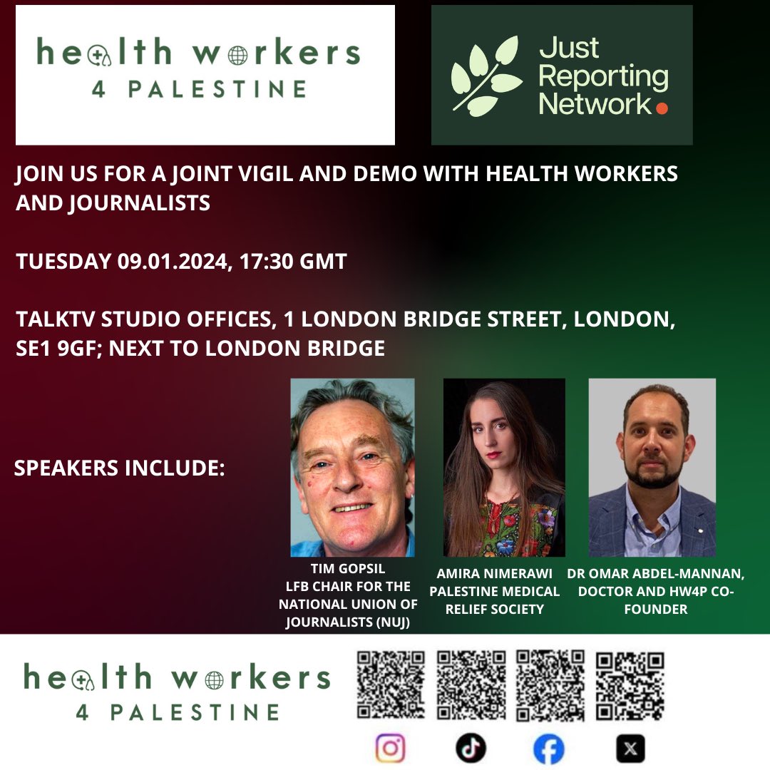 JustReportingN's tweet photo. Join our joint vigil with Health Workers for Palestine (@healthW4pal) 👇

🗓️ Tuesday, 9 January 2024
📍 TalkTV studio offices, 5:30 PM

We’ll pay tribute to the lives of health workers &amp; journalists killed in Gaza and address the media's inadequate coverage of Palestine. https://t.co/ltfl1seZHu