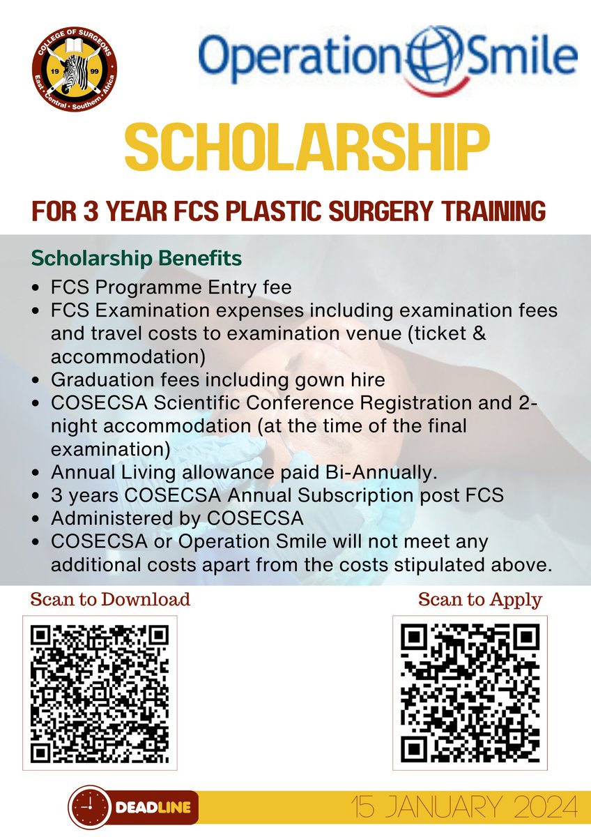 TRAINING SCHOLARSHIP OPPORTUNITIES
Specialty: FCS Plastic Surgery
Duration: 3 Years
Please read terms and conditions.
Download document for details: t.ly/08FGZ
Apply now: t.ly/vlmd7