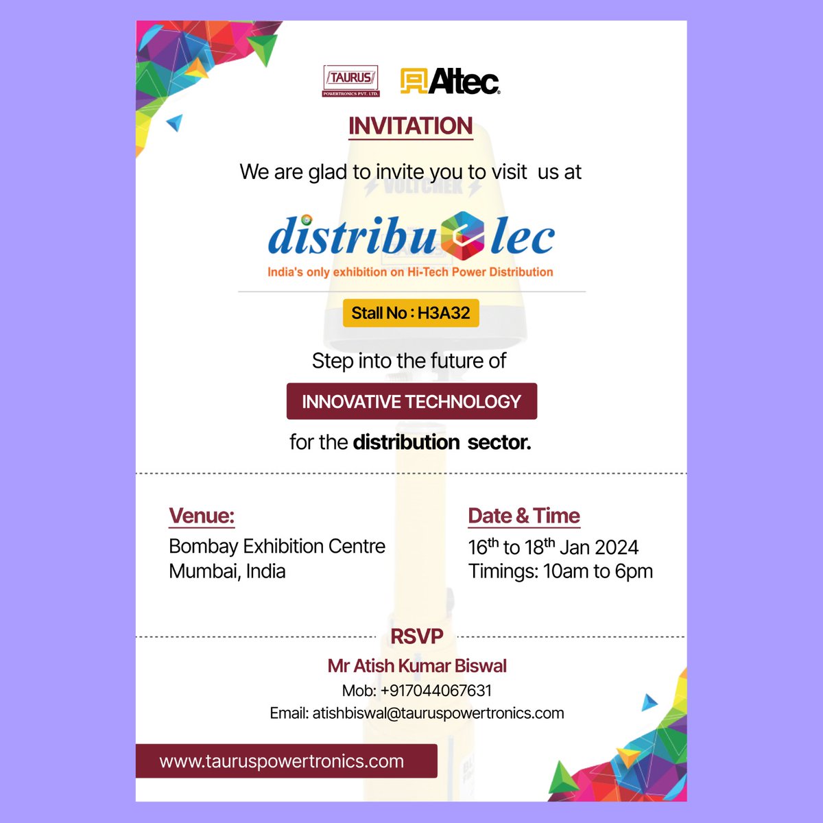 marketingtaurus's tweet photo. Invitation to Visit Our Stall at Distribulec Event at Bombay Exhibition Center.

The greatest and latest cutting edge technology for the distribution sector.⚡💡👨‍🔧

Name: Distribulec Event
Date: January 16th to 18th, 2024
Venue: Bombay Exhibition Center
Stall Number: H3A32 https://t.co/bPH4HG0MVB