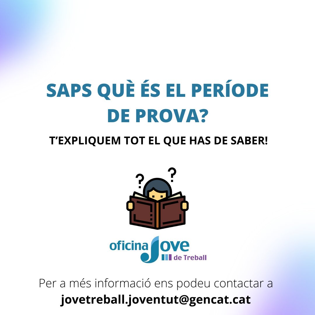 joventutcat's tweet photo. 🤔 Coneixes què és el període de prova?
👀 A continuació t'expliquem tot allò que has de saber en una nova infografia de l'Oficina Jove de Treball!
#OJTBarcelona #OJT #tipsfeina #recercadefeina #feina #treball @xarxa_xnej https://t.co/Oc6GwPt8B8