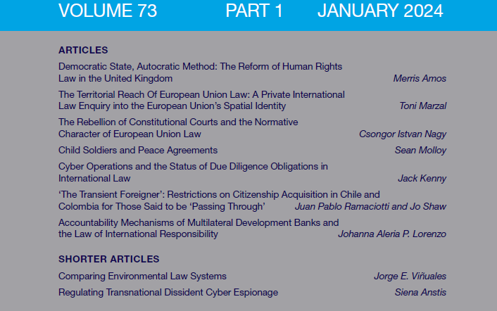 ICLQ_jnl's tweet photo. The latest issue of @ICLQ_jnl contains articles on the reform of human rights law in the UK, the territorial reach of EU law, child soldier, and the EU constitutional court rebellion, among other topics. 
Access it here: https://t.co/jzIQjkhxKd https://t.co/R318PSV936