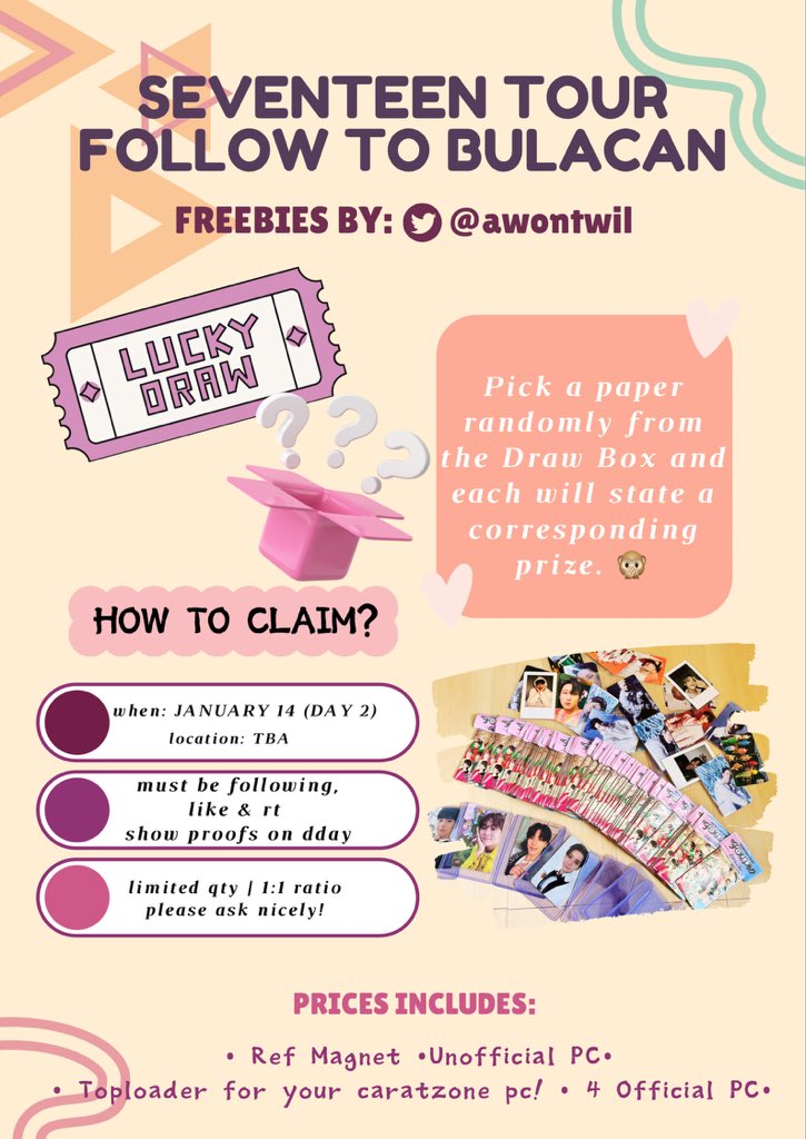 ❥ 𝚂𝙴𝚅𝙴𝙽𝚃𝙴𝙴𝙽 𝚃𝙾𝚄𝚁 𝙵𝙾𝙻𝙻𝙾𝚆 𝚃𝙾 𝙱𝚄𝙻𝙰𝙲𝙰𝙽 𝙵𝚁𝙴𝙴𝙱𝙸𝙴𝚂 ꒰ᐢ.   ̫ .ᐢ꒱

my bf &amp; I will be giving away freebies on day 2! check mechanics below 🙊 see you! 🫶🏻

#FOLLOW_TO_BULACAN
#FOLLOW_TOUR_IN_BULACAN
#SEVENTEENinBULACAN