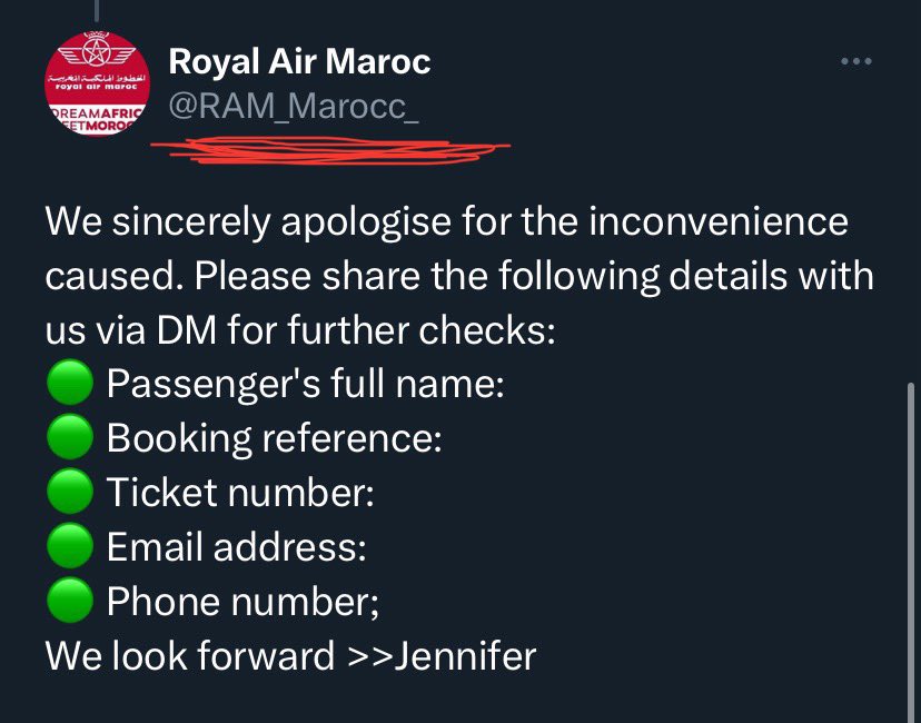 Bev_O's tweet photo. @royalairmaroc passengers. Be aware that there are scammers trying to take advantage of our already unfortunate situation. Pay attention to the @ https://t.co/CzinFsBYmx
