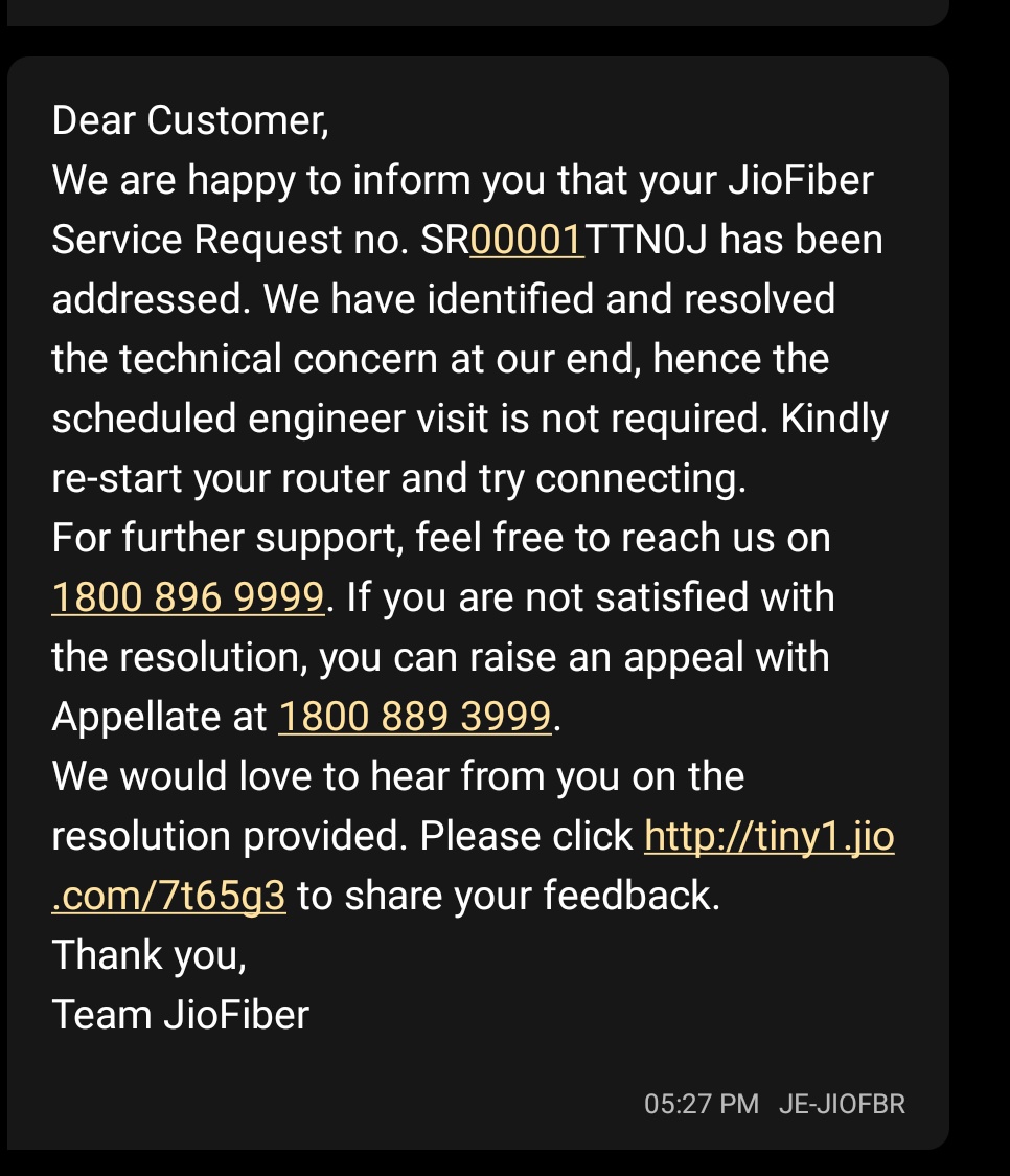anujbachhav's tweet photo. @JioCare OK WOW! So you were working on marking my Service Request as resolved and not the actual resolution. Very bad experience. Without resolution the request marked as resolved.

#jiofail #jiofraud #fraud #jio #jiofiber #RelianceJio https://t.co/ziyKO44Ope