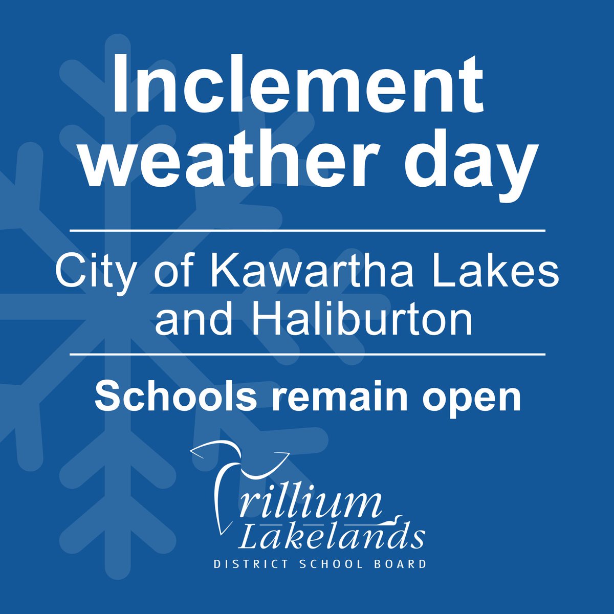 (1/2) Due to forecasted inclement weather, transportation to schools is not operating in the City of Kawartha Lakes and Haliburton today, January 9. School remain open and learning opportunities will continue for students who are able to safely attend in-person.