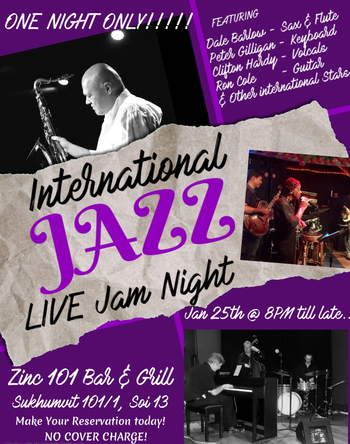 🎷 REUNION ALERT: THEY ARE BACK! 🎶  
Get ready for an unforgettable night of International Jazz as some of the finest Global Jazz Artists come together for a spectacular reunion at Zinc 101! 
Featuring: Dale Barlow, Peter Gilligan, Role Cole &amp; Friends
January 25th  Time: 8 PM