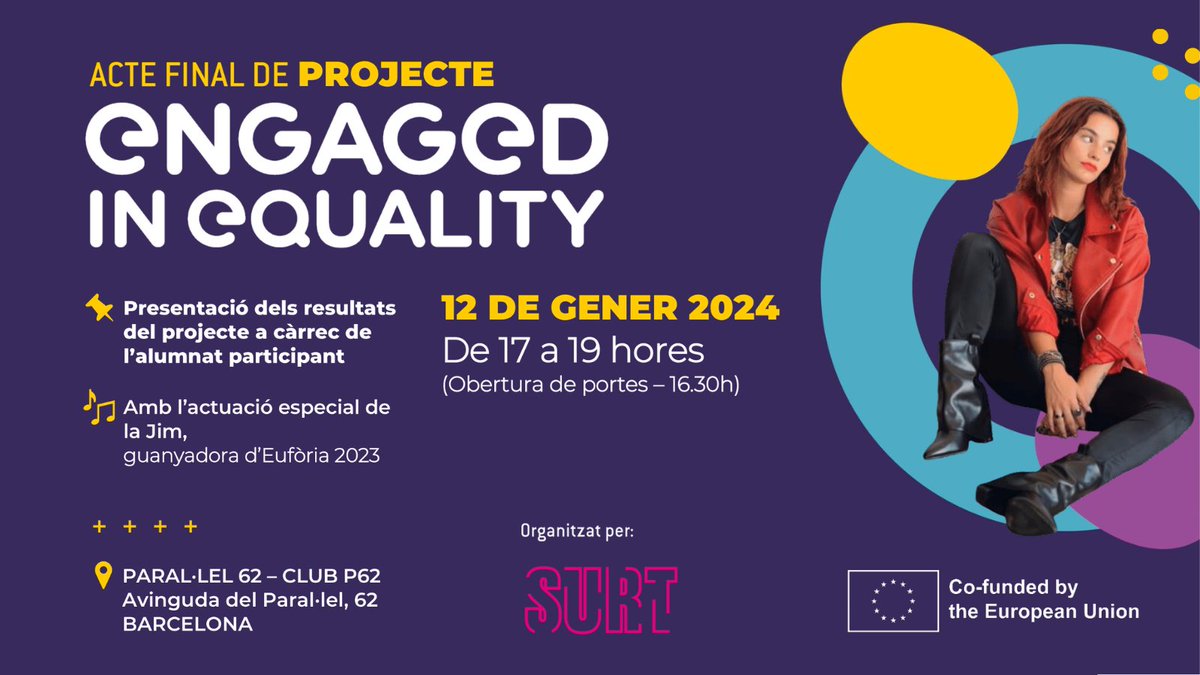 Fundacio_Surt's tweet photo. ⏳Tic-Tac...
Aquest divendres, 12 gen, l'alumnat participant al projecte europeu #EngagedinEquality celebrarà el seu acte final amb la Jim 👩🎤🎤 d'#EufòriaTV3 a @parallel62bcn.
🎟Afanya't a inscriure't:
https://t.co/toEyOiKPyr
@InsDali @ICaterinaAlbert @InstitutBaixMontseny https://t.co/eIHItVkFLA
