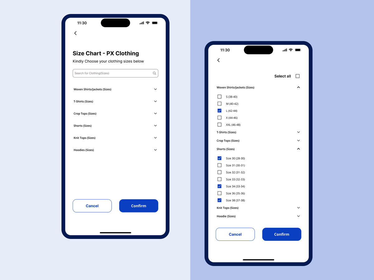 aminat_wak8901's tweet photo. 👕 Design Challenge: Crafting a Clothing Size Chart Dropdown UI! 

Today's task involves creating an intuitive Size Chart Dropdown with checkboxes, search, and confirm/cancel options. Thoughts? #UIDesign #SizeChartUI #UserExperience
#Designgate30DaysUIChallenge #Appdesign #iOS17 https://t.co/caXlFoSVdW