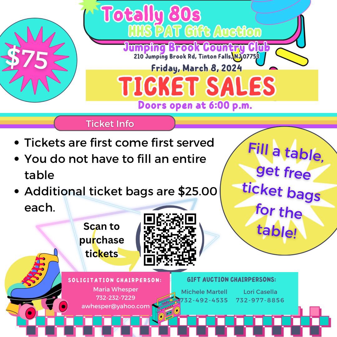 ***HHS PAT GIFT AUCTION TICKETS***
🎟️🕺 Fill a table, get free raffle bags  (8-10 people) TICKETS: my.cheddarup.com/c/hhs-pat-gift… 
 #HHSPAT #80sFlashback #GetYourTicketsEarly #1980s  #frhsd  #tickets #giftauction #1980s #wearehowell