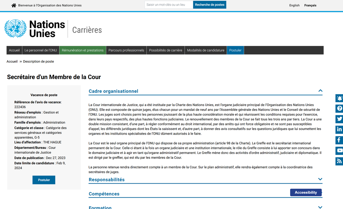 EMPLOI: la #CIJ recrute un(e) Secrétaire d'un(e) Membre de la Cour (G5). Date limite pour postuler: le 9 février 2024 #secrétaire #assistanceadministrative #juridique #emploi #vacature tinyurl.com/2pujnvcn
