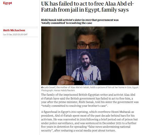 'In the year since Sunak and Sisi’s first public meeting, the detained activist’s family have despaired as the British government has failed to demonstrate the same commitment to his case that the prime minister promised Seif in his letter' theguardian.com/world/2023/dec…