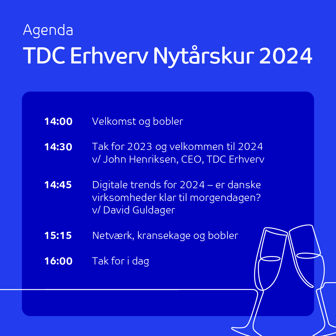 Har I ikke planer den 18. eller 23. januar, vil jeg – ganske objektivt 😊 – mene, at 2024 ikke kan komme meget bedre fra land end med vores TDC Erhverv nytårskur. 
 
David Guldager kommer bl.a. forbi og taler om digitale trends for 2024. 

Se mere her:  tdc.dk/nytaarskur2024