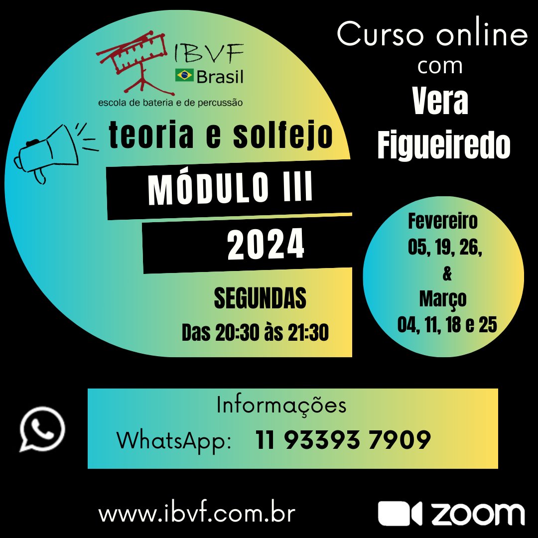 O Curso de Teoria e Solfejo do IBVF Brasil foi desenvolvido para atender os estudantes e profissionais, especialmente os bateristas, e tem como objetivo principal auxiliar no entendimento sobre os termos relacionados à música; a ler, escrever e executar.

#ibvfbrasil