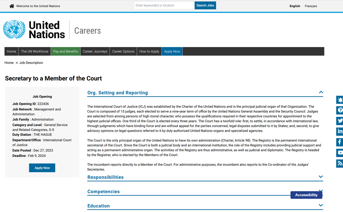 JOBS: the #ICJ is recruiting a Secretary to a Member of the Court (G5). Deadline for applications: 9 February 2024 #secretary #administrativeassistance #judicial #job #vacancy tinyurl.com/vx7mvzdc