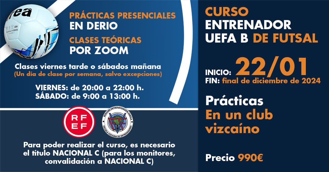 Aún puedes inscribirte en el Curso de Entrenador UEFA B de Fútbol Sala que comenzará a finales de enero y durará hasta diciembre. Clases por Zoom y prácticas presenciales. Precio de 990 euros. 
Enlace directo para inscribirse:
onformacion.rfef.es/fed/79g8HLLjWC…
Más información: 94 424 34 59