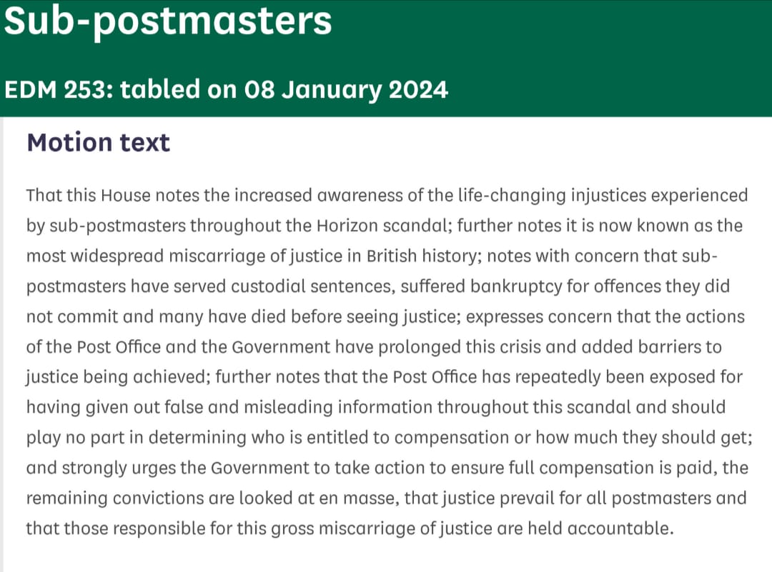 KateOsborneMP's tweet photo. I've tabled motion 253 to Parliament calling for Govt to ensure full compensation is paid to #Subpostmasters

Post Office &amp; Fujitsu must be held accountable for this gross miscarriage of justice

#PostOffceScandal #HorizonScandal

Tag your MP ask them to sign &amp; help get justice👇 https://t.co/AyQRCe3sZf