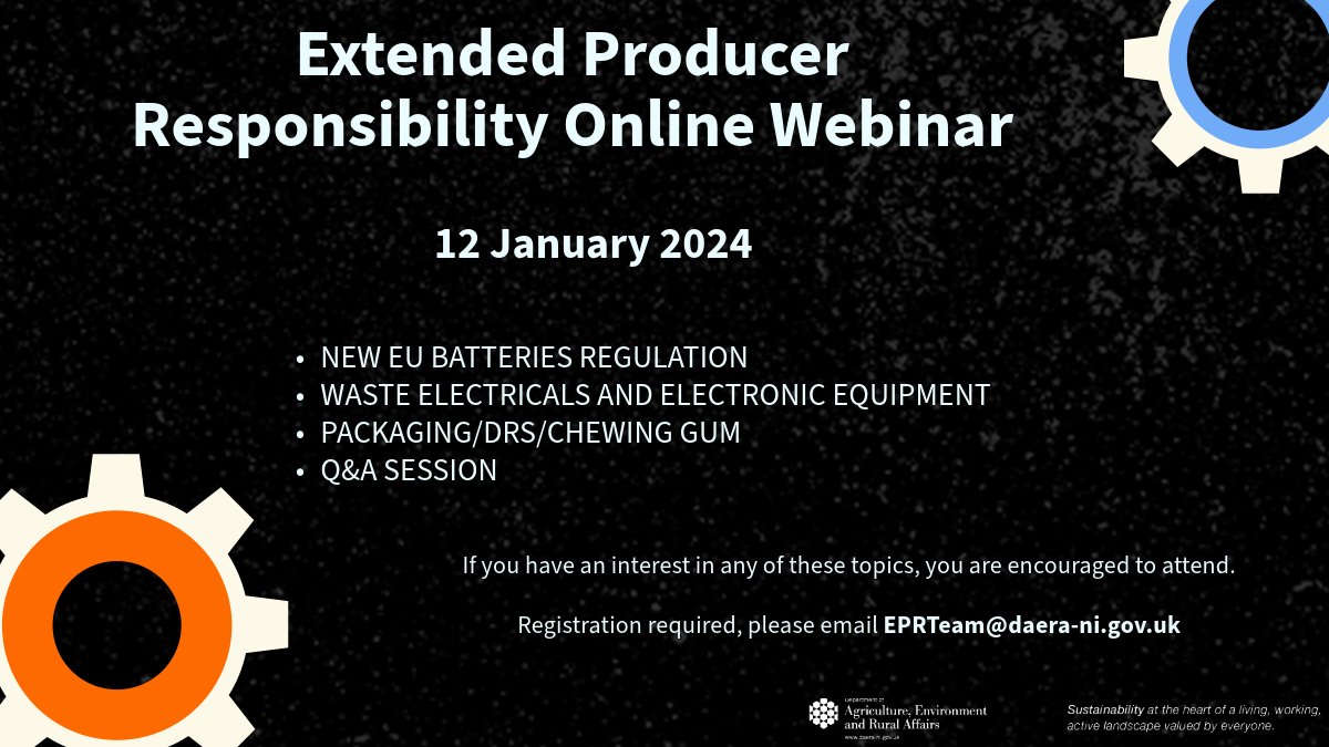 The next Extended Producer Responsibility webinar will take place on 12 January 2024. Details⬇️ 🗓️12 Jan 2024 ⏰10.00am to 11.30am 📍Online 🔗Registration required - email EPRTeam@daera-ni.gov.uk