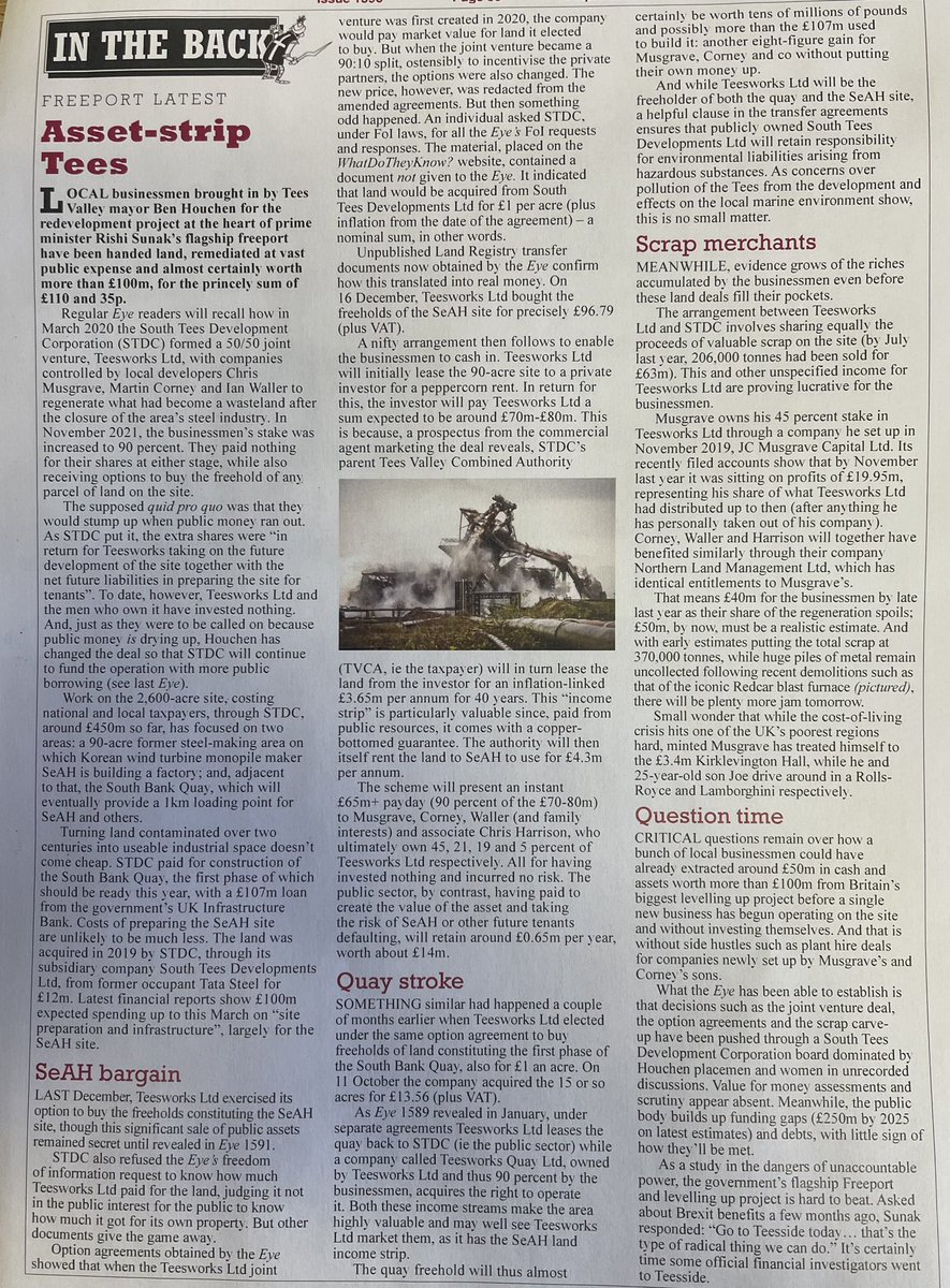 The new Teesworks Ltd accounts confirm that @privateeyenews’ revelations of the many private paydays at Rishi Sunak’s flagship freeport - notably this piece last April that was dismissed by Lord Houchen as lies - are all true. There may be more in next week’s Eye! 1/2