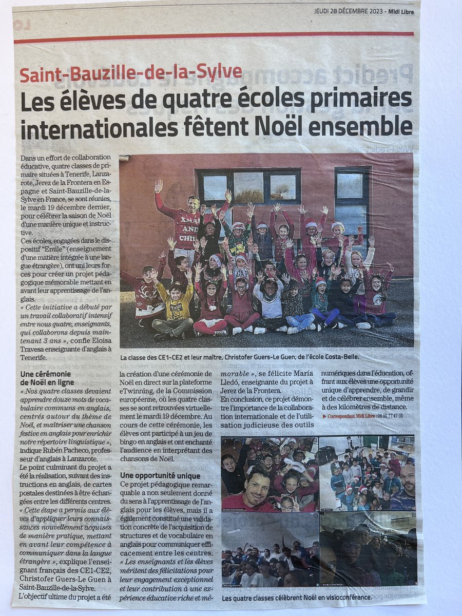 😀Fier de partager cet article du <a href="/Midilibre/">Midi Libre</a> à propos du projet #eTwinning de Christofer Guers-Le Guen @classe2chris dans le cadre du dispositif #EMILE <a href="/acmontpellier/">Académie Montpellier</a>  
<a href="/eTwinningMtp/">eTwinningMontpellier</a> <a href="/34Dsden/">DSDEN 34</a> midilibre.fr/2023/12/28/les…