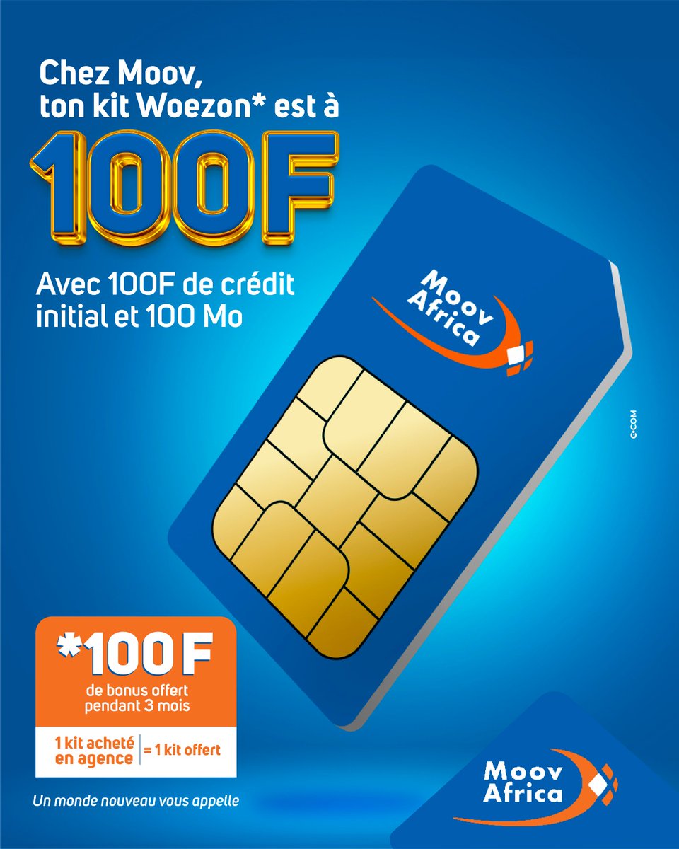 moovafricatg's tweet photo. Tchalé, tu n’as toujours pas encore profité du nouveau Kit de #MoovAfrica ?
Reçois 1Kit + 100F de bonus et 100 Mo à l’achat d'un Kit à 100F seulement. 😎
Vite, rends-toi dans l’agence la plus proche pour profiter de la générosité légendaire de ton réseau.

#CarteSim #Promo https://t.co/VjHqzJXYzX
