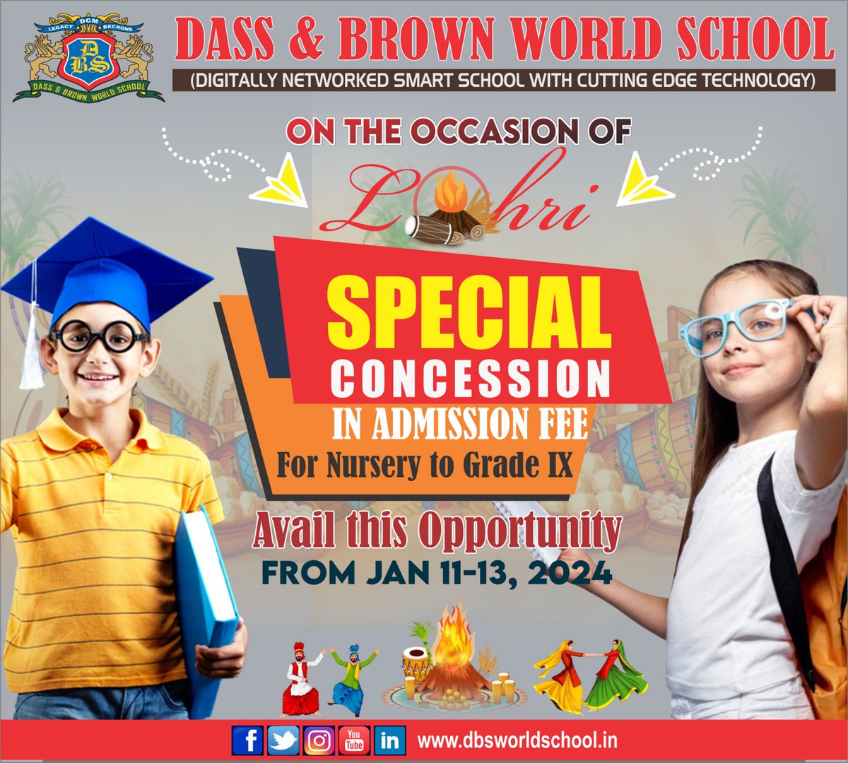 #lohrivibes
#admissionsopen

🔥 Embrace the warmth of Lohri with special admission fee offers from January 11-13! 🎉  
Don't miss out on this opportunity to make your admission even more special. 
Let's create memorable moments together! 🕊️✨ #LohriCelebration #AdmissionOffers