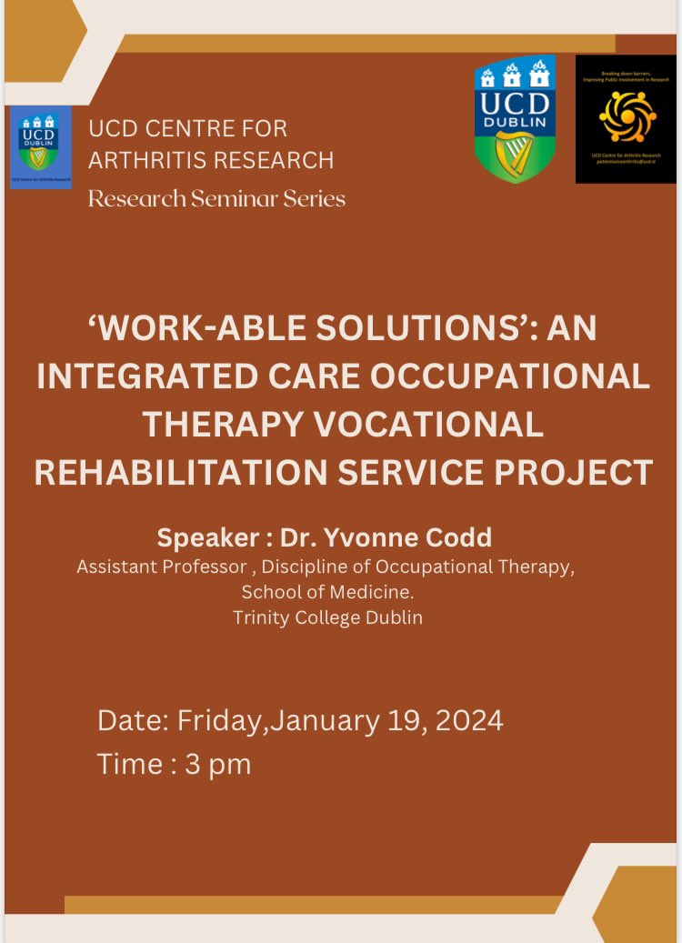 Thank you @UCD_CAR for this invitation! Looking forward to sharing preliminary updates on our #Slaintecare funded project and experiences of conducting this multi site clinical project with clinical partners @ot_svuh @OT_NGH @SouthEastCH @WeHSCPs @AOTIrmdag