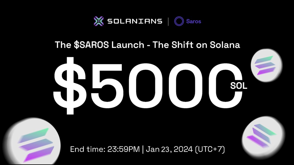 🎉 Join Solanians and Saros in celebrating the exciting launch of $SAROS token with the campaign 'The $SAROS Launch - The Shift on Solana'! 📌 Follow these steps: 1. Follow @SolaniansHub 2. Follow @Saros_Finance 3. Join ➡️ Saros.link/discord 4. Retweet this post 5.