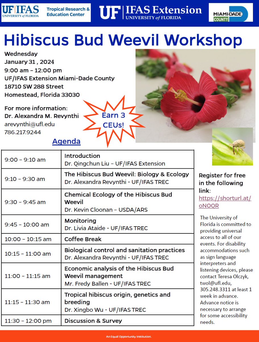 Join us in the upcoming #Hibiscus bud weevil workshop on Jan 31, 2024, at 9am at @UF_IFAS extension Miami-Dade County office. 3 CEUs are available! Register for free: shorturl.at/oNOQR @UFEntNem @UFTropical @ClinicPlant @USDA_ARS @FDACSDPI