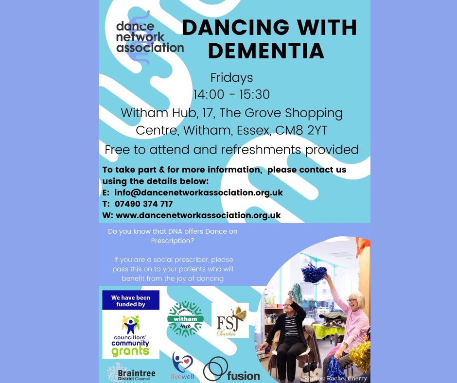 EssexDementiaCa's tweet photo. DANCING WITH DEMENTIA: If you know of anyone who would be interested please share.  Dancing with Dementia class is held at The Witham Hub and you can book via phone or website and it's free to attend.

#dancetherapy #withamhub #dancingforjoy #dementiasupport https://t.co/rEQS88ojPn