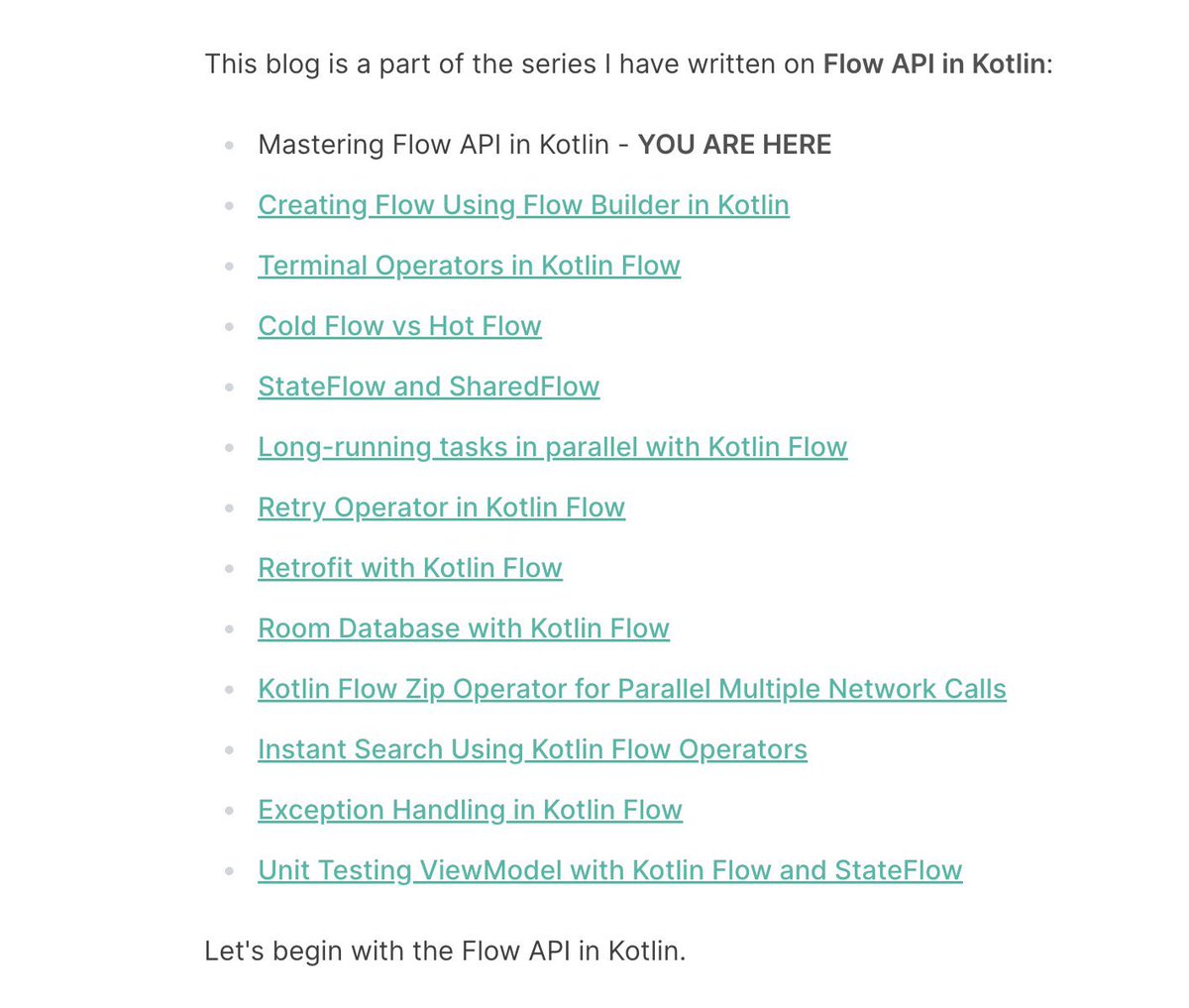 amitiitbhu's tweet photo. Android Developers, I have written a series of blogs on Flow API in Kotlin.

Start here: https://t.co/jNyHV9Lrst

Keep Learning, Keep Sharing, and Keep Growing. 🚀

#AndroidDev #Kotlin https://t.co/Xayeu9RVGU