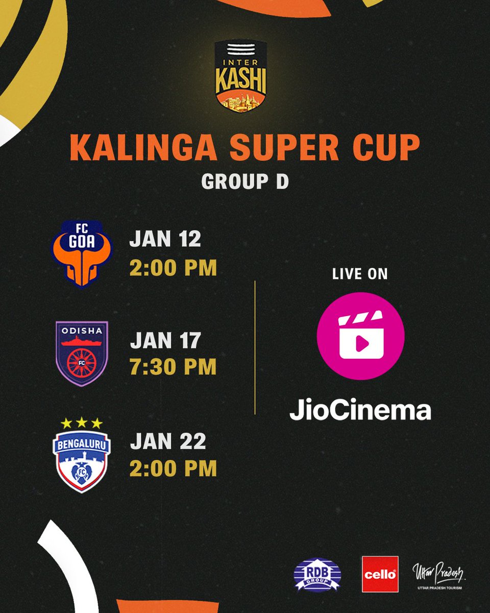 In Group D of #KalingaSuperCup, we are up against the Big Boys of #ISL — <a href="/fcgoaofficial/">FC Goa</a>, @odishafcofficial, <a href="/bengalurufc/">Bengaluru FC</a>!

Tune in to <a href="/JioCinema/">Jio Cinema</a> to watch the matches LIVE and show your support #Kashi 💪💪💪 

#InterKashi #HarHarKashi #IndianFootball