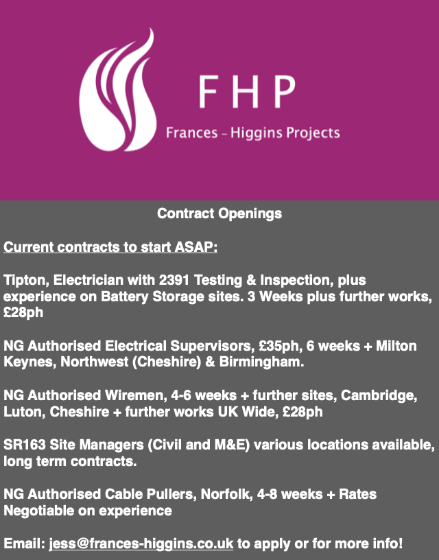 FrancesLtd's tweet photo. Openings to start ASAP, we do also have further work coming up over the next few weeks so do please get in touch!
#hv #substation #work #nationalgrid #contractors #electricians #fitters #mechanical #agency https://t.co/P7v2E4cOYZ