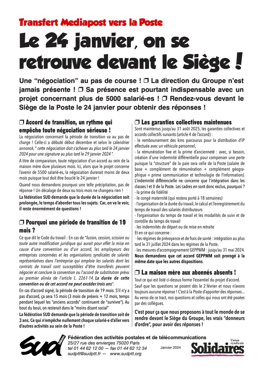 fdSudPTT's tweet photo. Mediapost, filiale de La Poste, déguise un PSE en "intégration" à la maison mère. En dernier analyse ce sont plusieurs milliers d'emplois qui vont disparaitre. 
Rassemblement devant le Siège de la Poste
Mercredi 24 janvier  10H00
9 rue du Colonel Pierre Avia, 75015 Paris https://t.co/5MdoplxGOC
