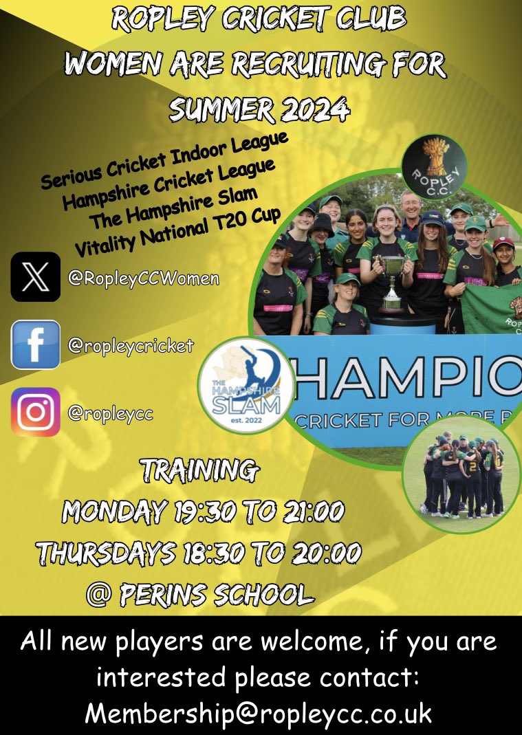 See our weekly winter training programmes for Girls  &amp; Women's.

All these sessions are run by ECB qualified coaches.

We would really like to hear from and see new players to the club... you'll be made to feel very welcome. #ropleyccfamily <a href="/HampshireCB/">🏏 Hants Cricket Board</a>
