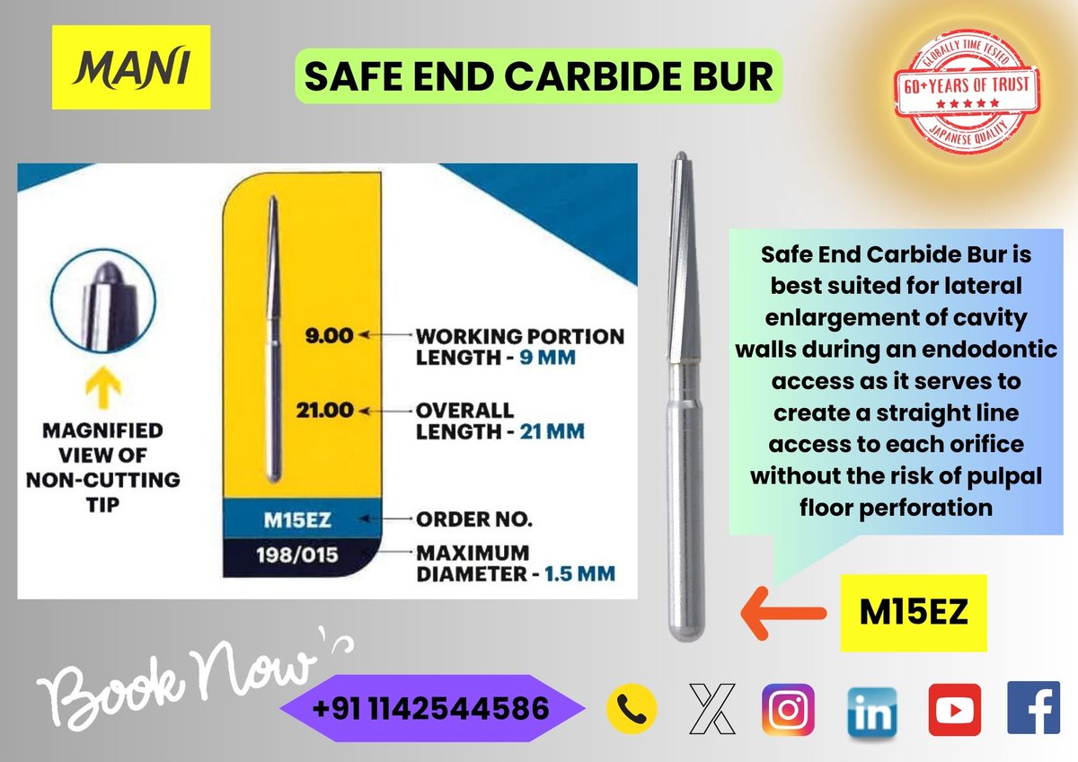 ManiMedicalInd's tweet photo. #MANI #SAFEEND #CARBIDEBURS (M15EZ) DESIGNED FOR PERFECT &amp; SAFE ACCESS CAVITY PREPERATION🎉🎯

"THE BEST QUALITY IN THE WORLD, TO THE WORLD"🗺️

A BRAND WITH 60+YEARS OF TRUST🙏✨

#manimedicalindia #dentalfamily #dental #dentist #dentistry #dentistofindia #dentalmarketing https://t.co/fksXHI7Dwt