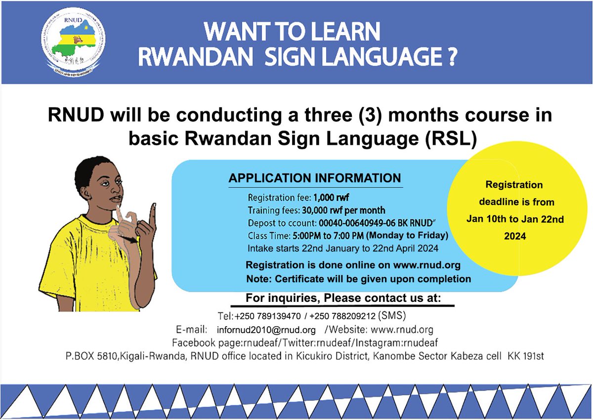 rnudeaf's tweet photo. @rnudeaf would like to inform the General public that its doors will be open for those who want to learn #RwandanSignLanguage. For more information on the attachment below. https://t.co/DMncCJZzkQ