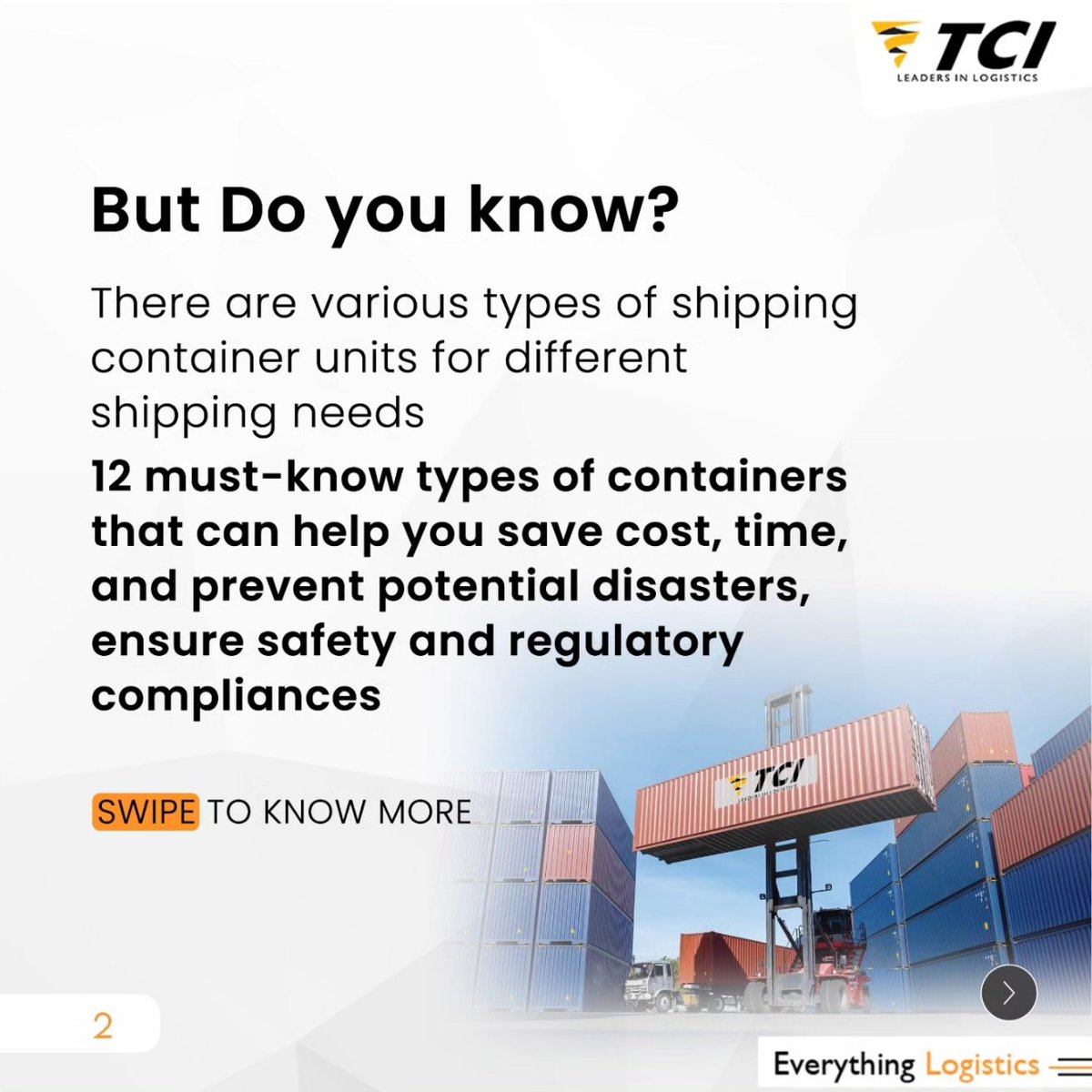 TCILGroup's tweet photo. Navigating the Logistics Landscape: TCI Transforms cargo movements into seamless experiences.

Discover the world of cargo shipments with our versatile containers.

Move smart, move with TCI!

For further info : https://t.co/Lxb3rTM8Ha

#ContainerLogistics #TCI https://t.co/ghvakWzzvU