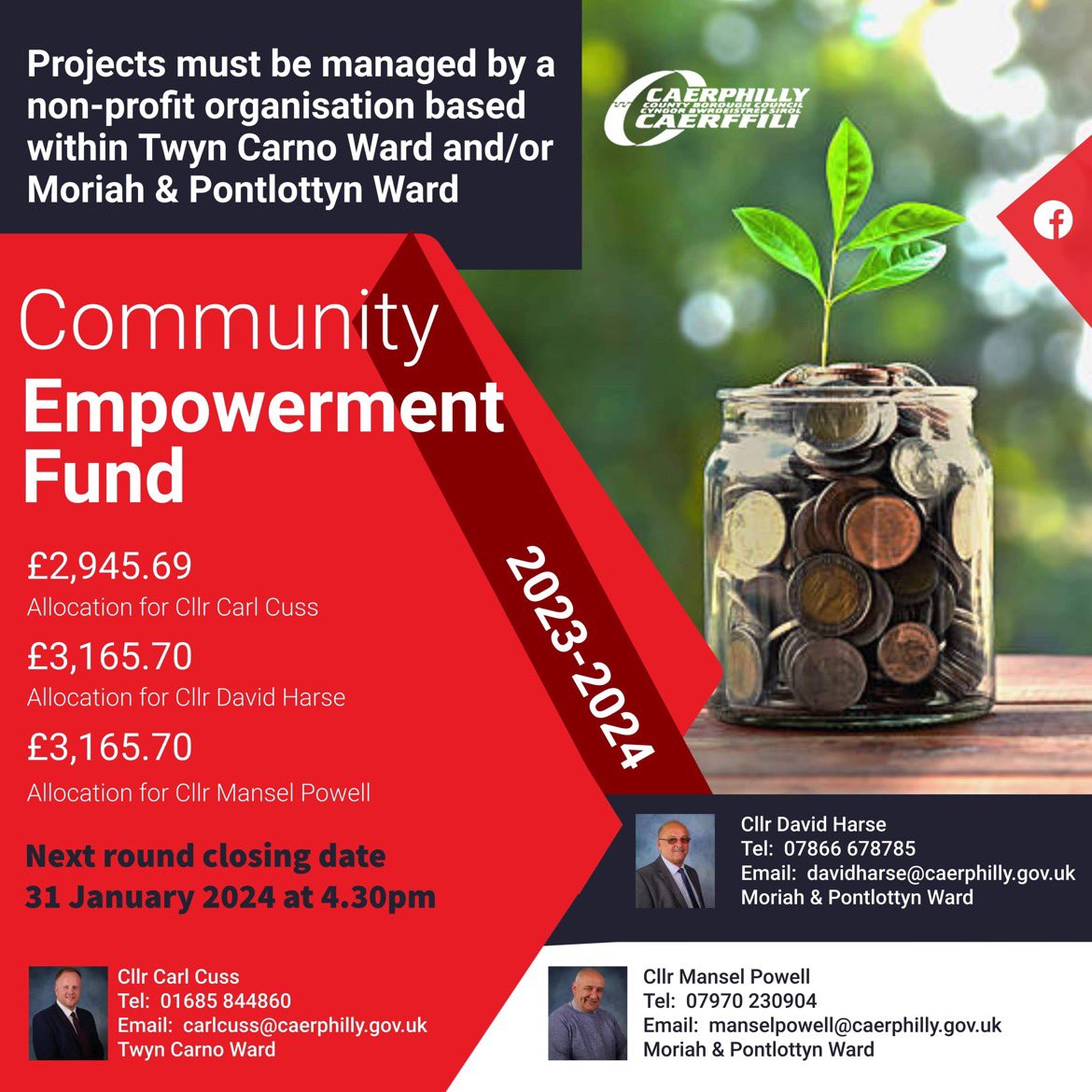 📣 Closing date for the next round of Community Empowerment Fund Grants is 31st January 2024. To access the Application Criteria, please visit: caerphilly.gov.uk/services/benef… #CEF #TeamCaerphilly #CCBC #Councillors #CaerphillyBorough #Community #Rhymney #Moriah #Pontlottyn