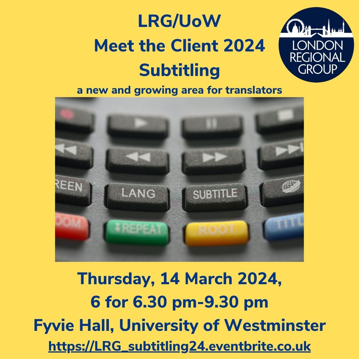 NEW EVENT ALERT ON SUBTITLING.

After presentations from the panellists, participants will meet the speakers to ask questions and share ideas with fellow participants.

To book: LRG_subtitling24.eventbrite.co.uk